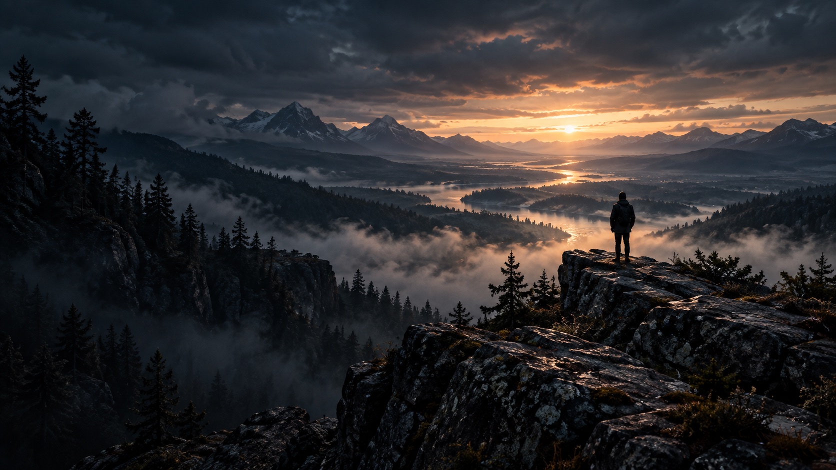 A solitary figure looking across a misty mountain valley at first light.